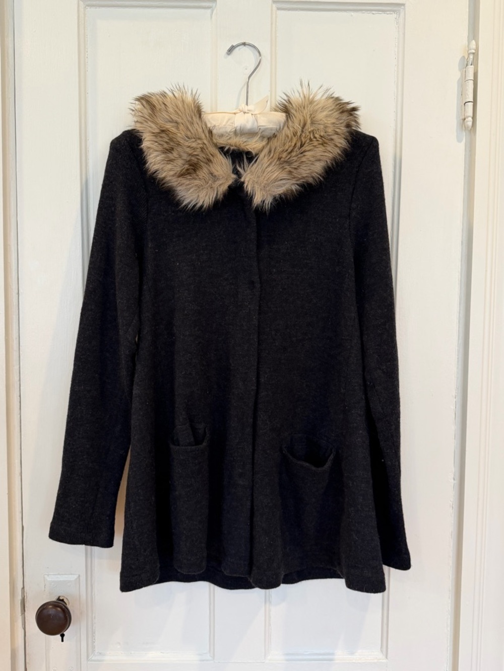 Maeve Long Black Sweater Cardigan with Faux Fur Collar